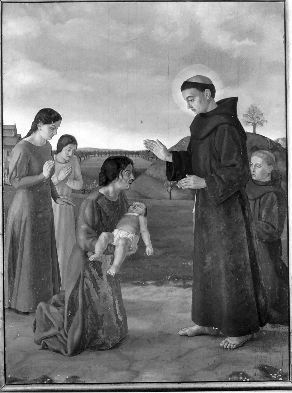 Sant'Antonio da Padova e il miracolo del neonato (dipinto, opera isolata) di Dal Prato Alessandro (secondo quarto sec. XX)