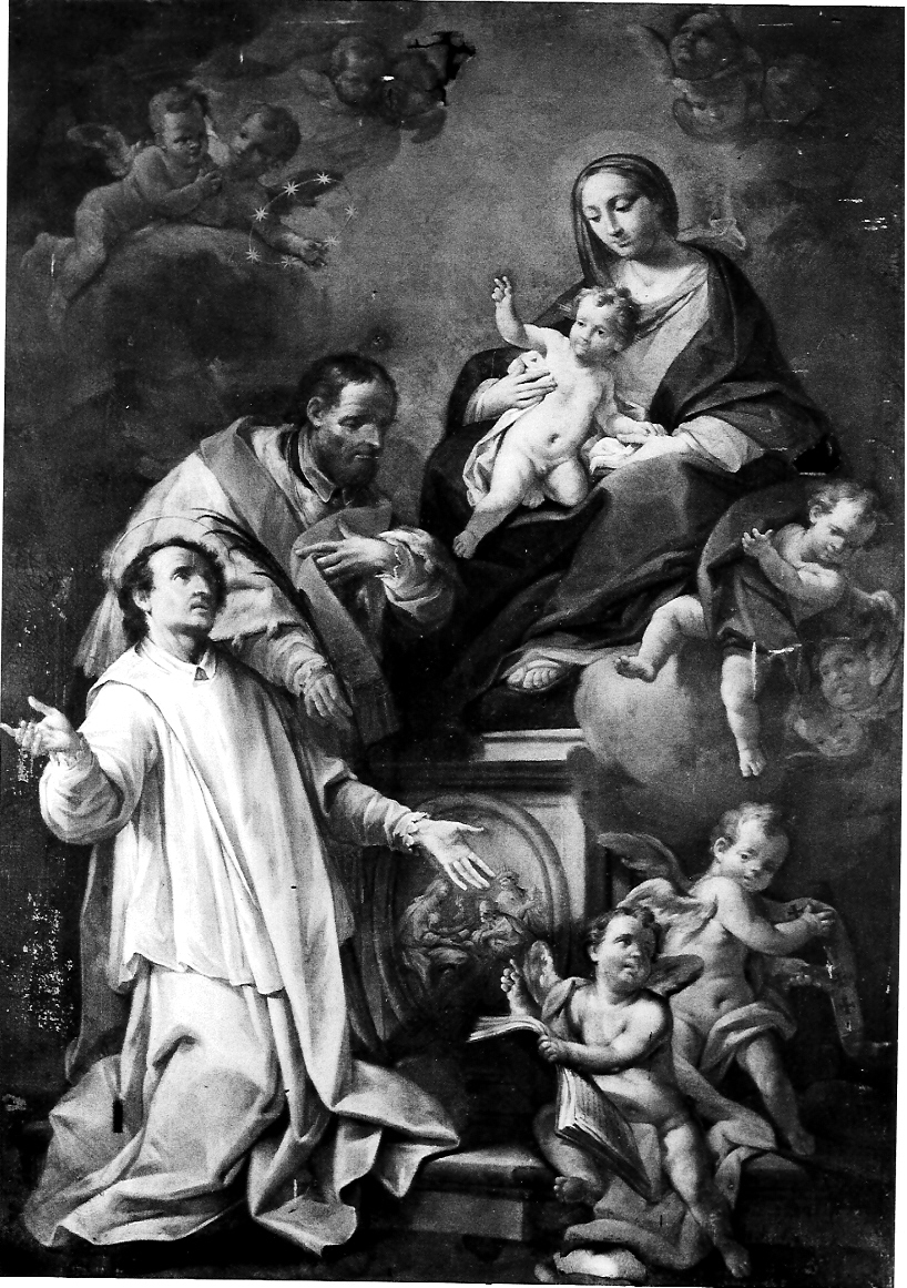 Madonna con Bambino e altri personaggi (dipinto, opera isolata) di Orioli Giuseppe (sec. XVIII)
