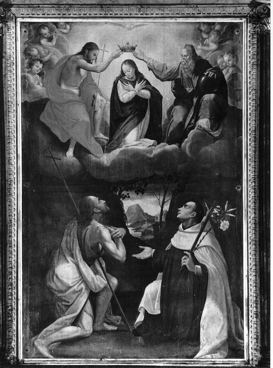 Incoronazione di Maria Vergine con San Giovanni Battista e Santo carmelitano (pala d'altare, opera isolata) di Andreasi Ippolito detto Andreasino (fine sec. XVI)