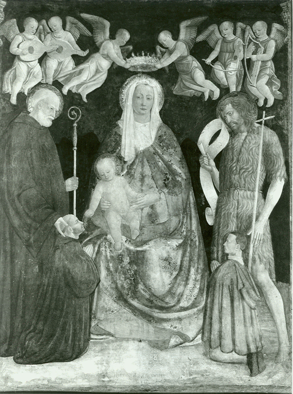 Madonna col Bambino tra San Benedetto, San Giovanni Battista e due committenti (dipinto, opera isolata) di Nicolò Solimani (sec. XV)