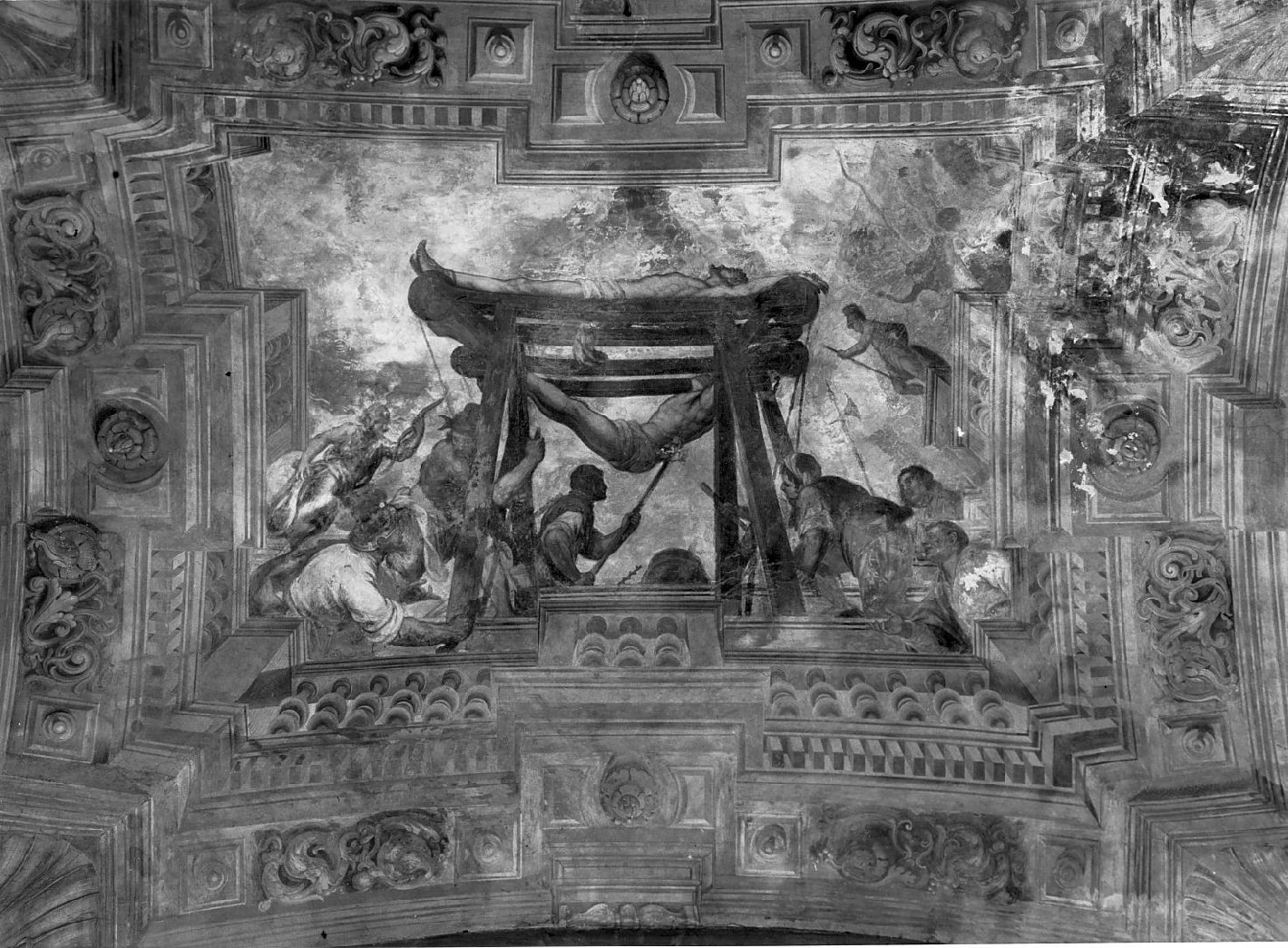 martirio dei Santi Faustino e giovita entro quadratura architettonica (dipinto, elemento d'insieme) di Sandrini Tommaso (attribuito), Gandino Antonio (attribuito), Gandini Bernardino (attribuito) (sec. XVII)