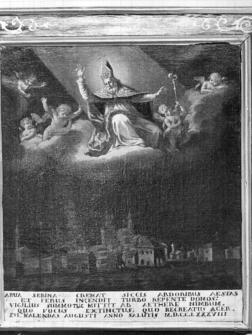 San Vigilio con angeli e paesaggio di Iseo (dipinto, opera isolata) - ambito veneto (sec. XVIII)