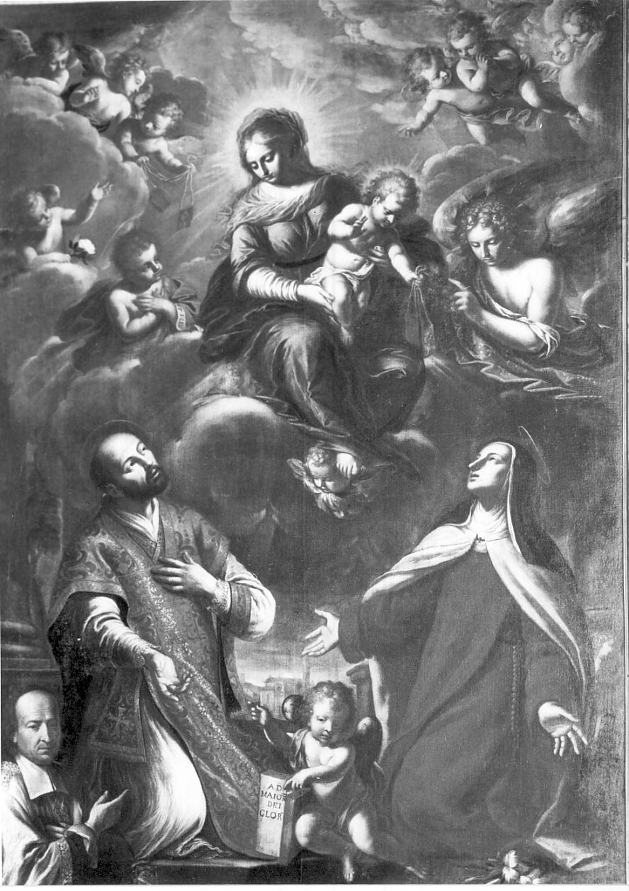 La Madonna in trono con il bambino, S. Giovanni Battista appaiono ai SS. Ignazio di Loyola e Teresa d'Avila (dipinto, opera isolata) di Paglia Francesco (sec. XVII)