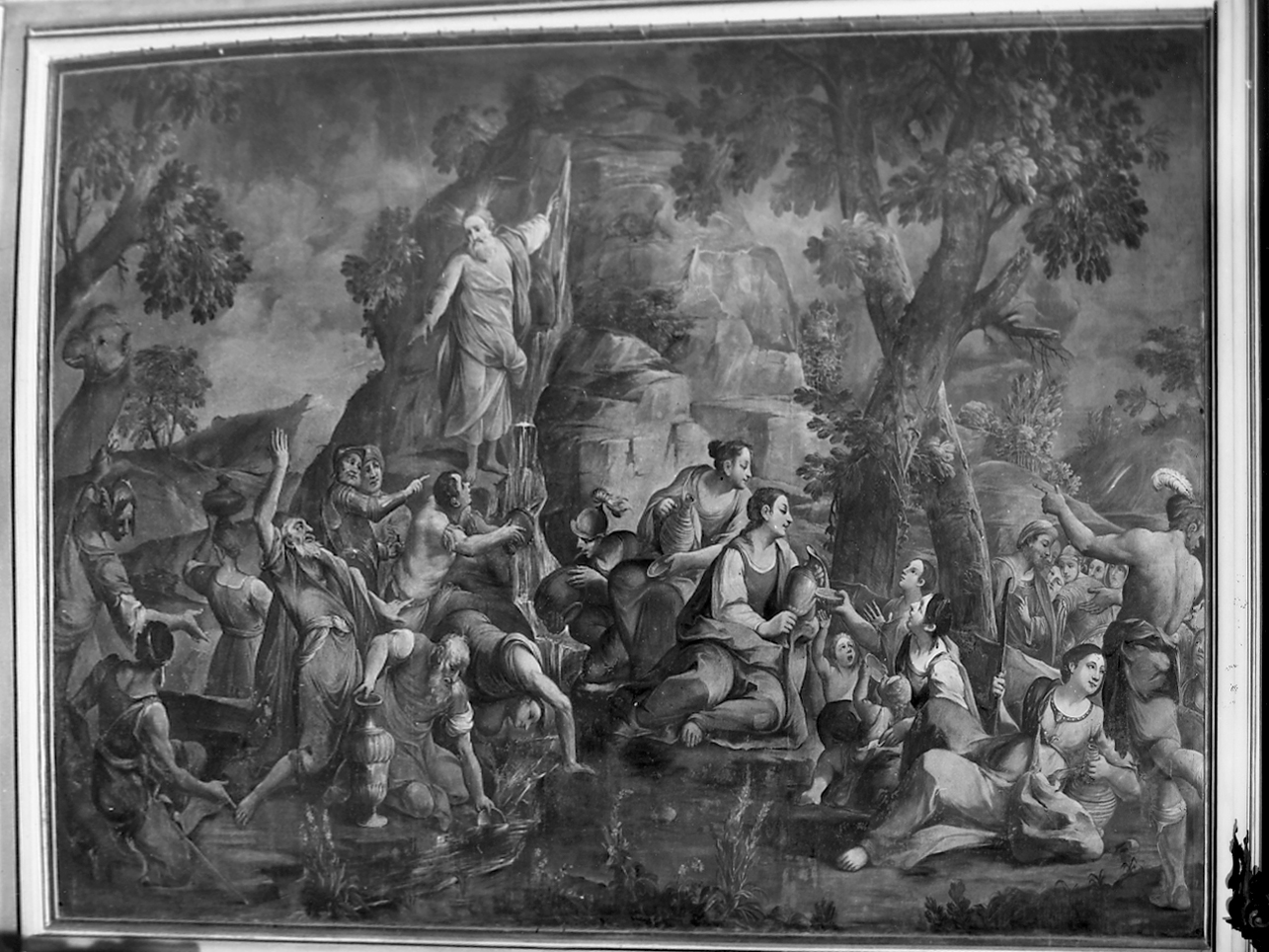Mosè fa scaturire l'acqua dalla roccia (dipinto, opera isolata) di Falli Giuseppe (attribuito) (sec. XVIII)