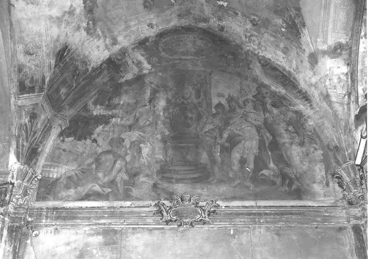Sant'Eligio presenta due cattedre d'oro ad un re (dipinto, opera isolata) di Cappello Antonio (attribuito) (primo quarto sec. XVIII)