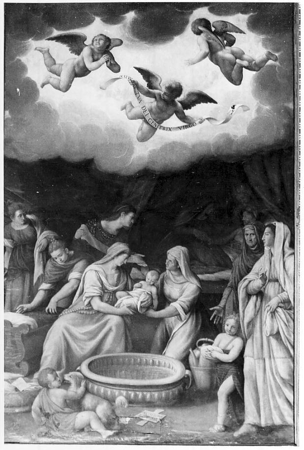 nascita di Maria Vergine (dipinto, opera isolata) di Bagnatori Pietro Maria detto Bagnadore (fine/inizio secc. XVI/ XVII)