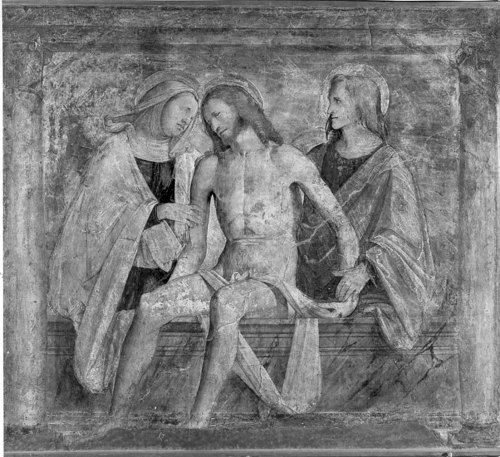 Pietà con la Vergine e San Giovanni (dipinto, opera isolata) di Romani Girolamo detto Romanino (attribuito) (prima metà sec. XV)