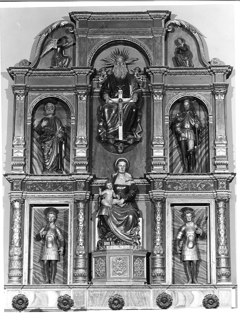 San Faustino, San Pietro, Madonna con Bambino, Trinità, San giovità, San Rocco (polittico, opera isolata) di Olivieri Maffeo (bottega) (sec. XVI)