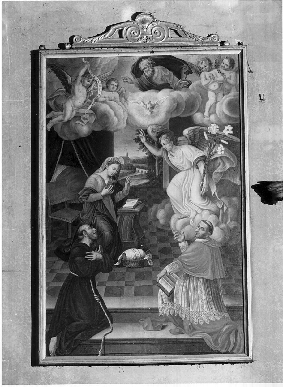 La Vergine Annunciata, Dio Padre ei SS. Francesco e Carlo Borromeo (dipinto, opera isolata) di Morelli Domenico (sec. XIX)