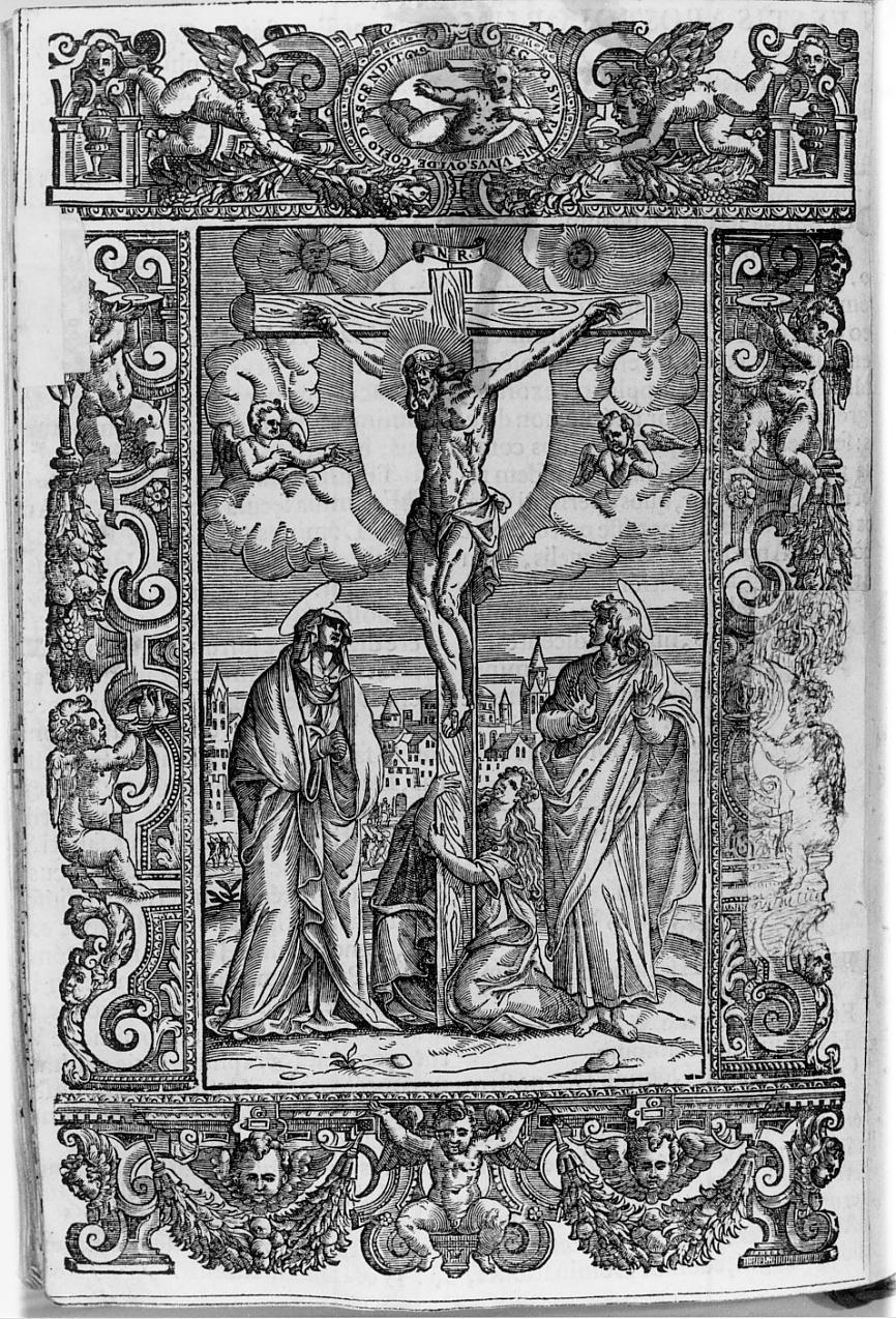 Cristo crocifisso con la Madonna, San Giovanni Evangelista, santa Maria Maddalena e Angeli (stampa, elemento d'insieme) - bottega veneta (prima metà sec. XVII)