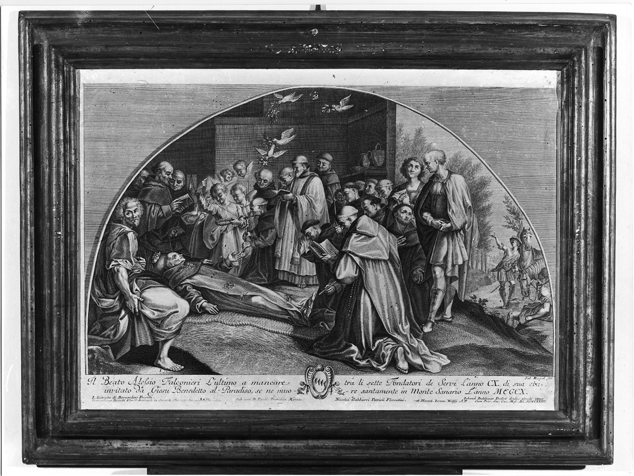 Morte del Beato Alessio Falconieri (stampa, stampa composita) di Probst Johann Balthasar (prima metà sec. XVIII)
