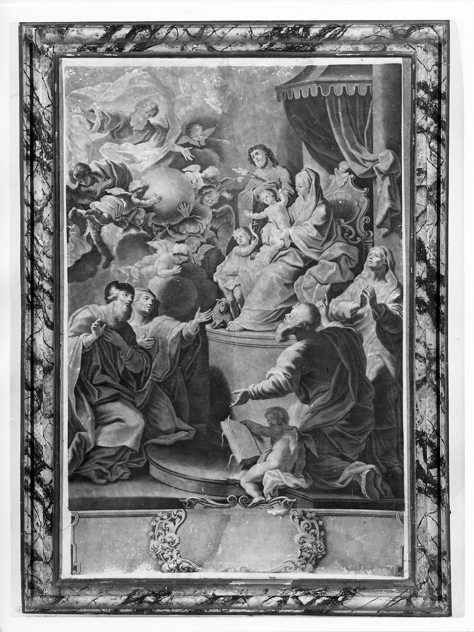Madonna con Bambino in trono, San Giuseppe, San Giovannino, Sant'Anna, San Gioacchino e altri santi (stampa) - ambito italiano (sec. XVIII)