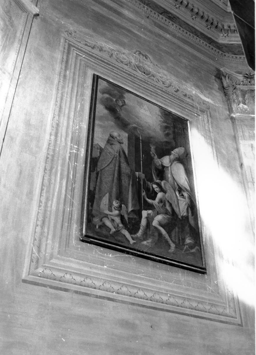 cornice dipinta / cartiglio con iscrizione / motivi decorativi a girali vegetali (ancona, elemento d'insieme) - ambito lombardo (sec. XIX)