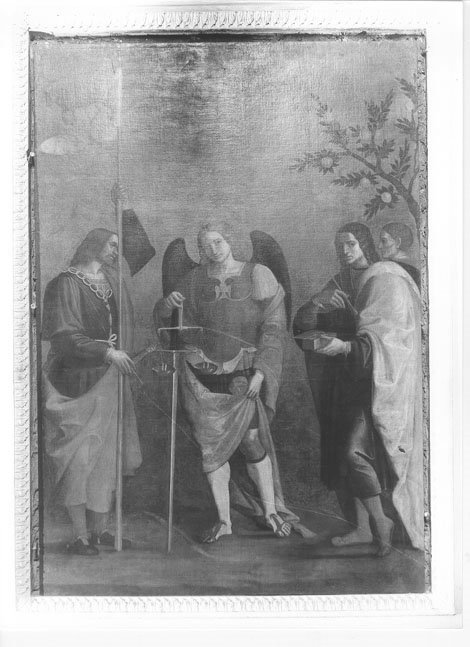 San Michele Arcangelo e i Santi Cosma // Damiano // Bovo (dipinto, opera isolata) di Caroto Giovanni Francesco (prima metà sec. XVI)