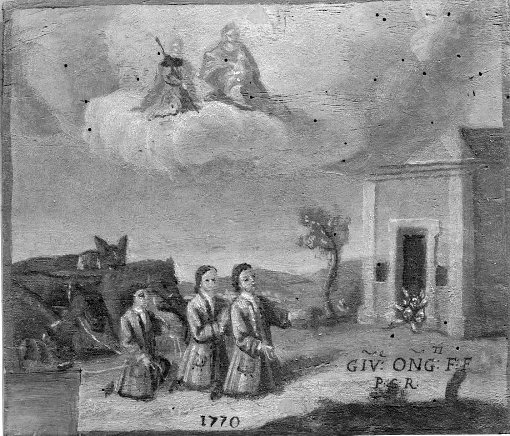 Tre uomini ringraziano la Madonna e S. Rocco per avere concesso loro una grazia (ex voto, opera isolata) - ambito bresciano (sec. XVIII)
