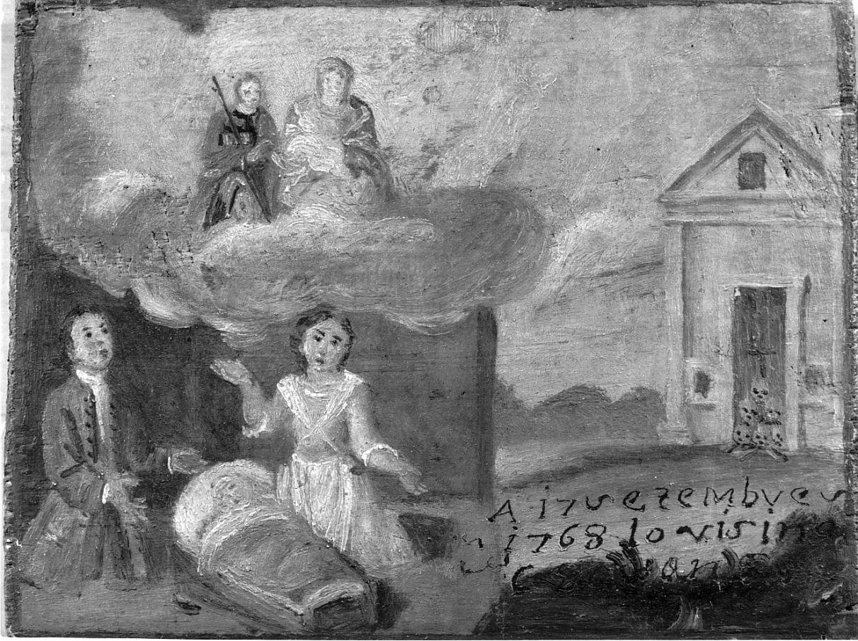 Uomo e donna ringraziano la Madonna e S. Rocco per una grazia concessa al figlio infermo (ex voto, opera isolata) - ambito bresciano (sec. XVIII)