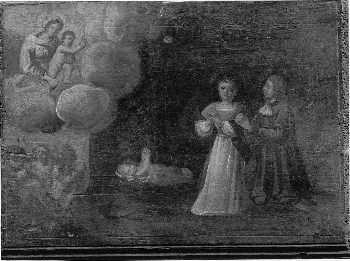 Uomo e donna ringraziano la Madonna per una grazia concessa al figlio infermo (ex voto, opera isolata) - ambito bresciano (sec. XVII)