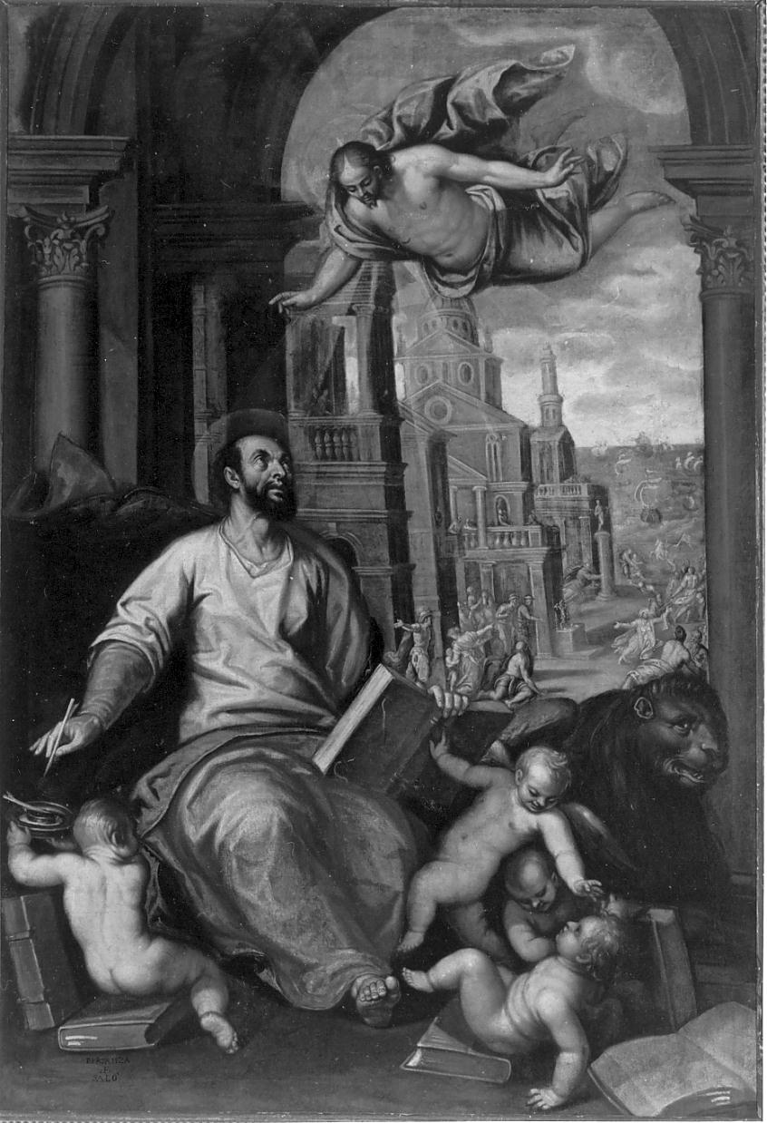 episodi della vita di S. Marco / S. Marco compone il Vangelo (dipinto, insieme) di Bertanza Andrea (inizio sec. XVII)