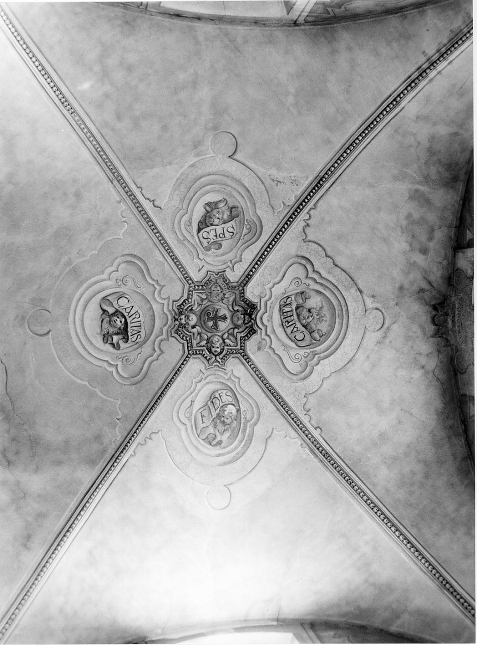 Virtù cardinali e virtù teologali con angeli (dipinto, complesso decorativo) di Trainini Vittorio, Imperatori Carlo (metà sec. XX)