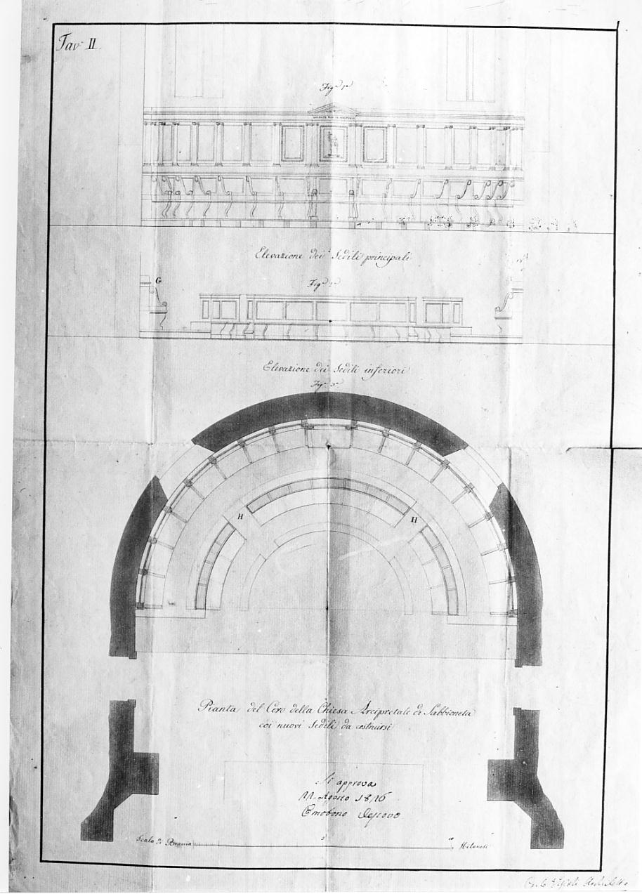 fronte del coro ed elevazione dei sedili principali ed inferiori (disegno, opera isolata) di Visioli Carlo Domenico (prima metà sec. XIX)