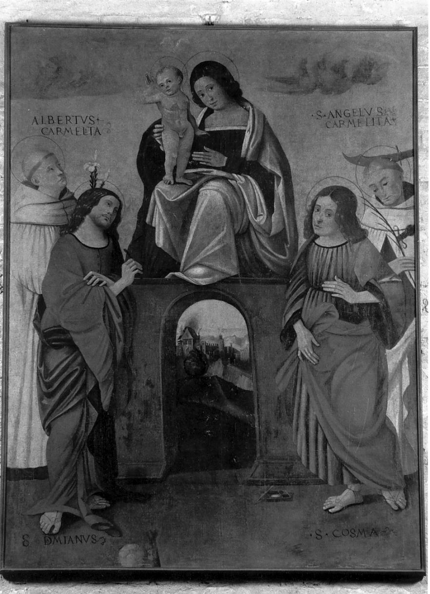 Madonna del Carmelo con Bambino, Santi Cosma e Damiano, Santi Alberto degli Abati e Angelo da Gerusalemme, Carmelitani (pala d'altare, opera isolata) - ambito mantovano (fine/inizio secc. XV/ XVI)
