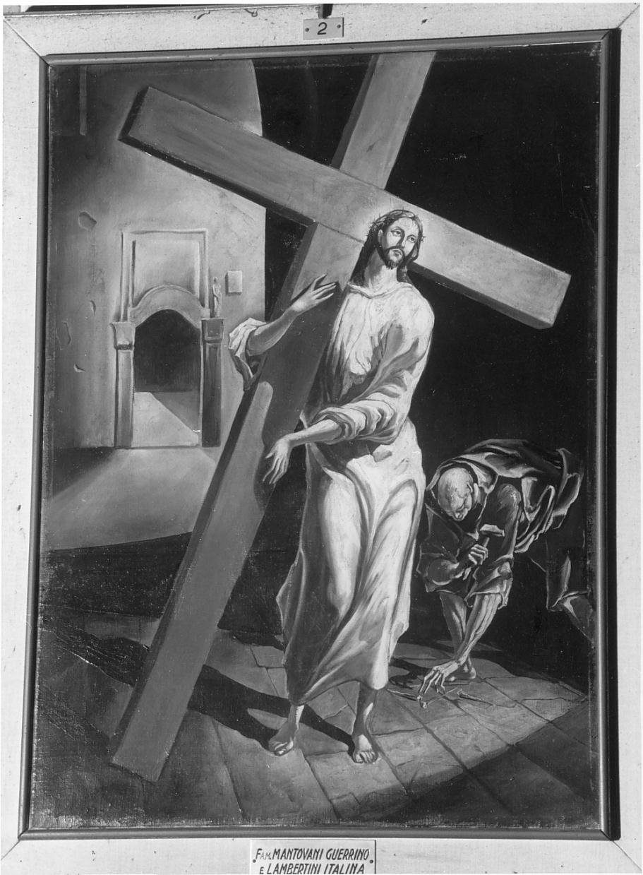 Stazione II: Gesu' caricato della croce (dipinto) di Frigeri Lanfranco (sec. XX)