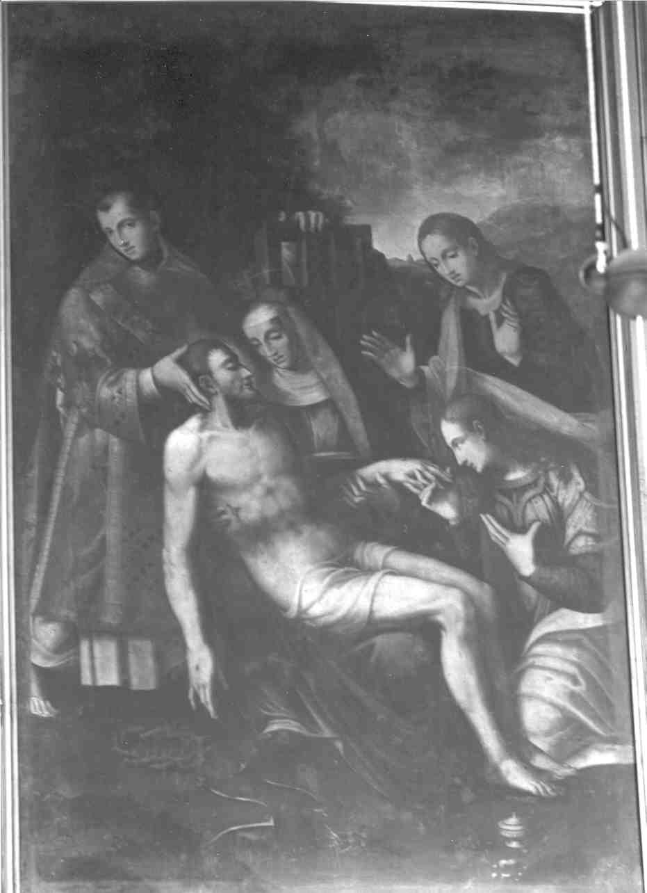 compianto sul Cristo morto con San Lorenzo (dipinto, opera isolata) di Mainardi Andrea detto Chiaveghino (sec. XVI)
