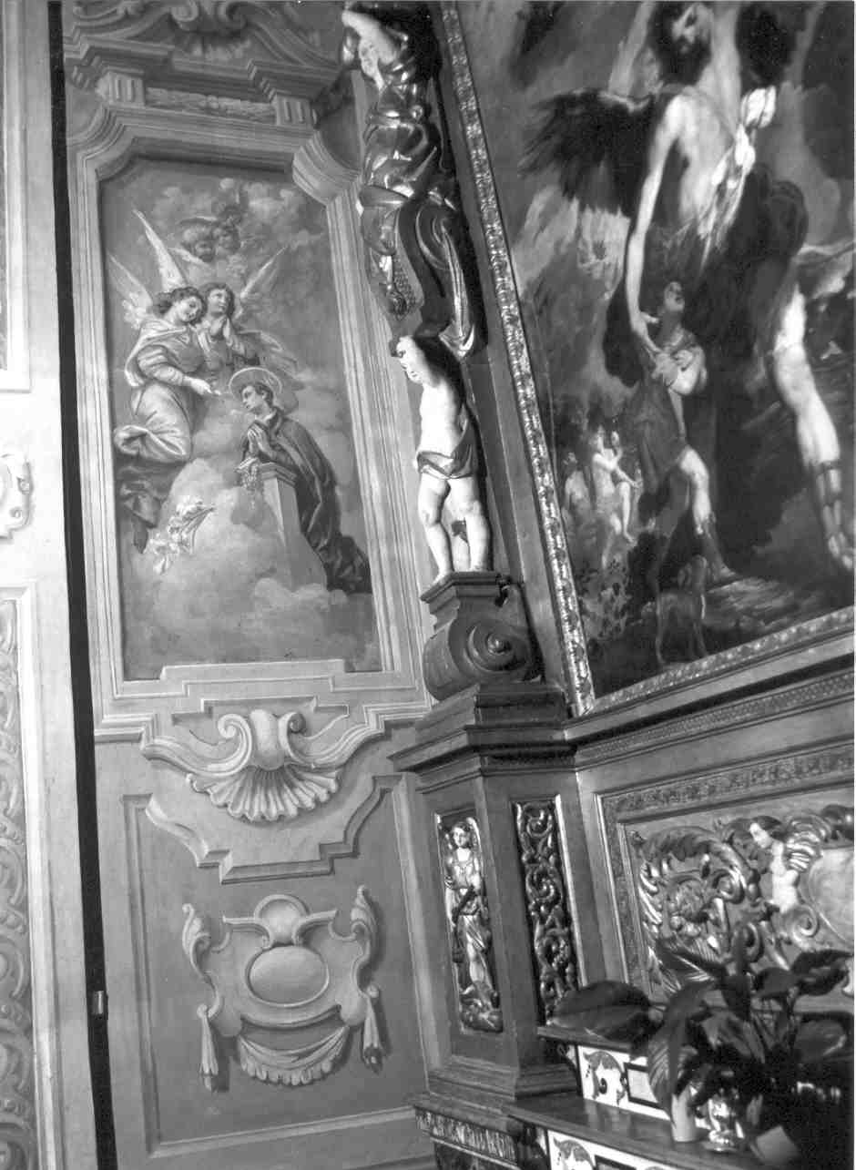 San Luigi Gonzaga comunicato dagli angeli/ San Francesco d'Assisi morente ha la visione dell'angelo che suona il violino (dipinto, coppia) di Cominelli Angelo (secc. XIX/ XX)