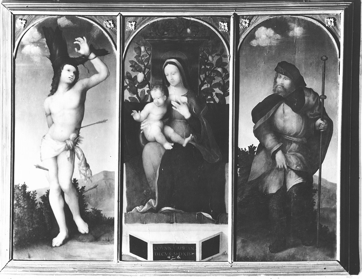 Madonna con Bambino tra San Sebastiano e San Rocco (dipinto, insieme) - ambito Italia settentrionale (sec. XVI)