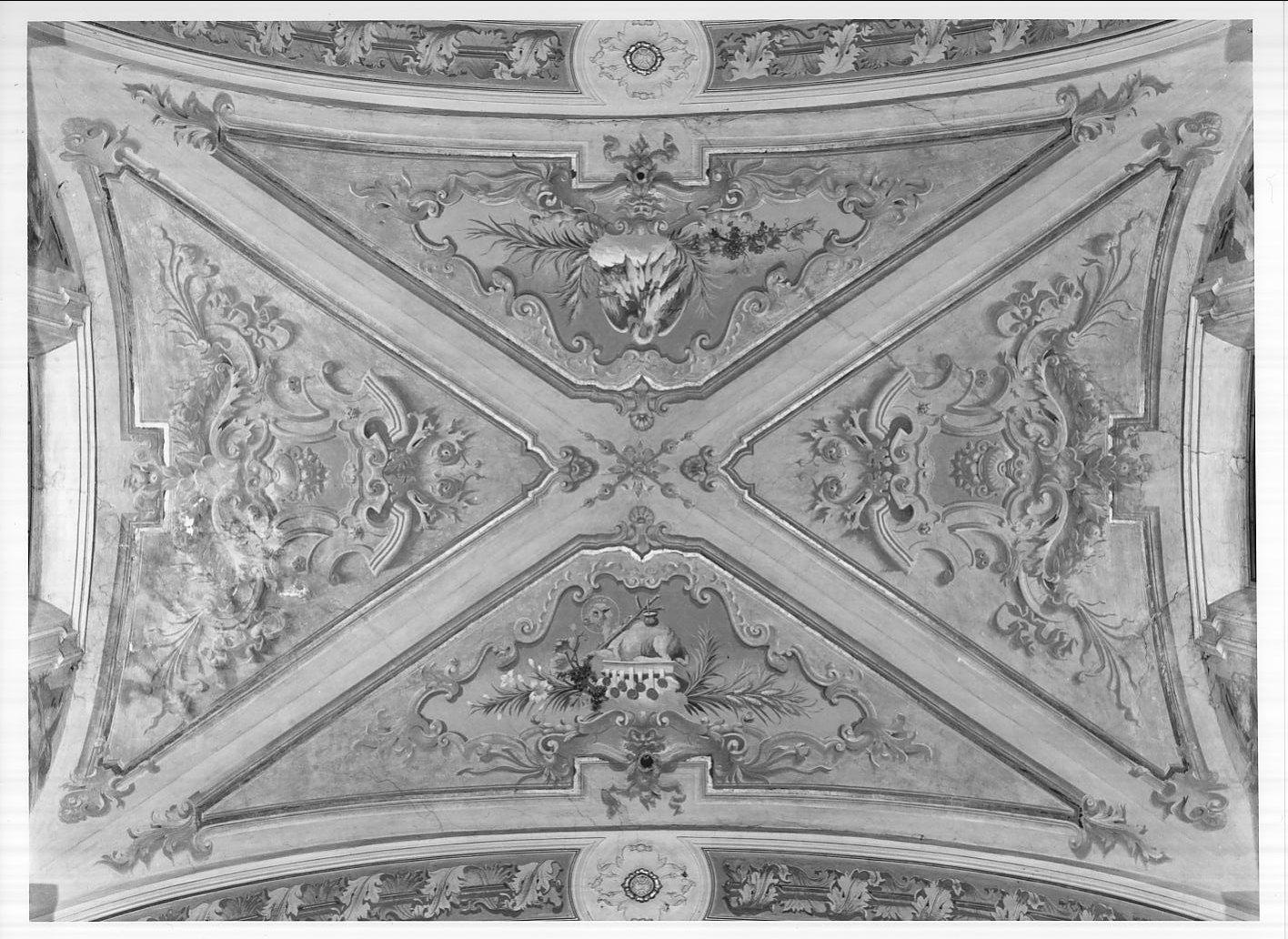 motivi decorativi fitomorfi / floreali / cornici dipinte / pellicano misti co / agnello col libro dei sette sigilli / angioletti / cherubini (decorazione plastico-pittorica, elemento d'insieme) di Aroldi E (sec. XX)