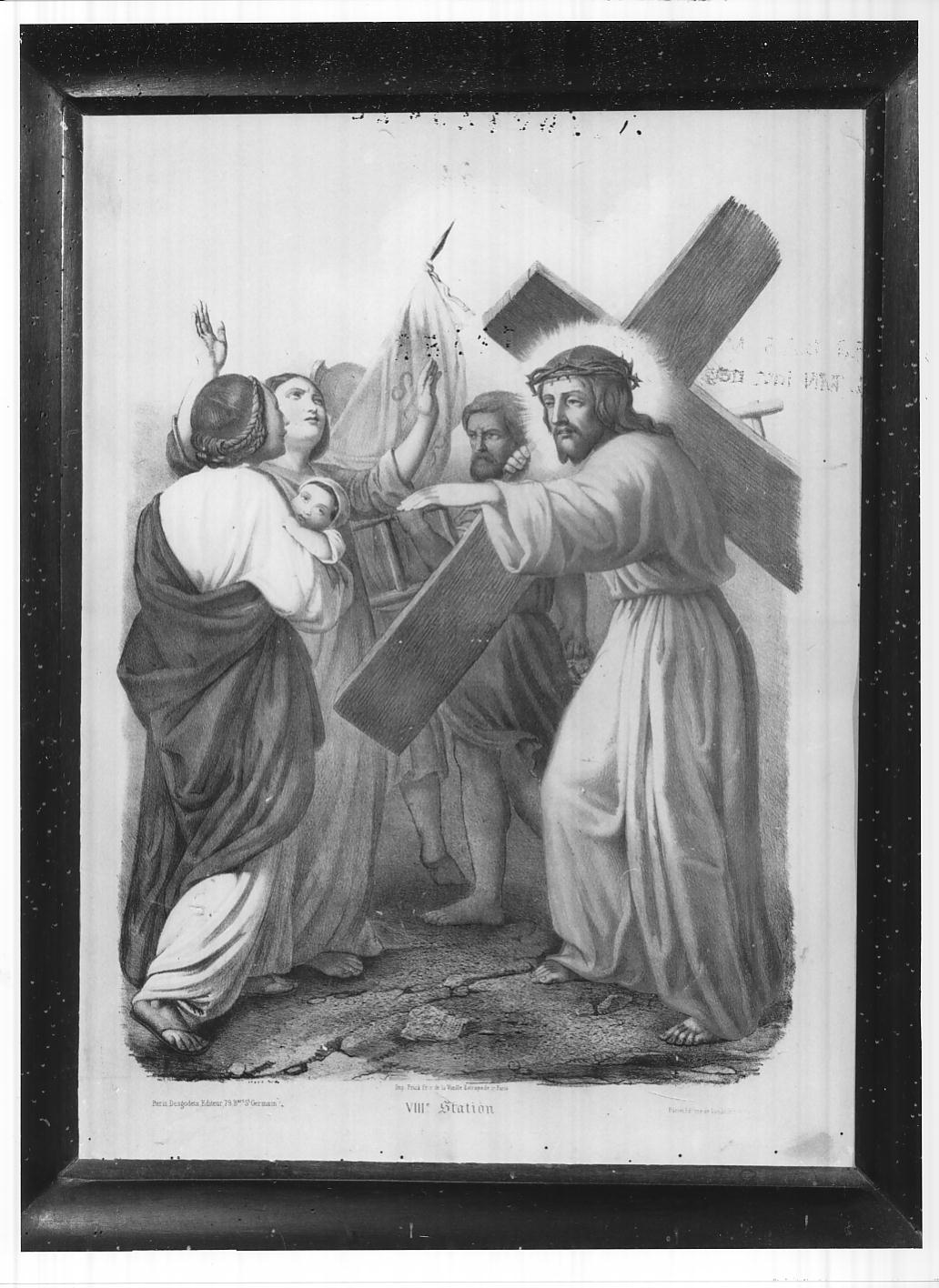 stazione VIII: Gesù consola le donne di Gerusalemme (stampa colorata a mano smarginata) di Frick Johann Friedrich (secc. XVIII/ XIX)
