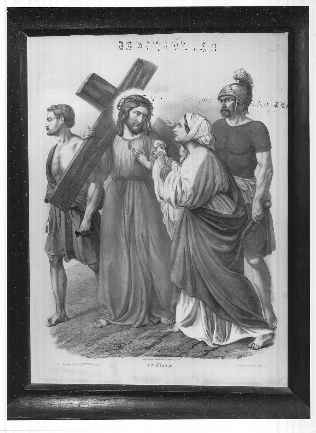 stazione VI: Gesù asciugato dalla Veronica (stampa colorata a mano smarginata) di Frick Johann Friedrich (secc. XVIII/ XIX)