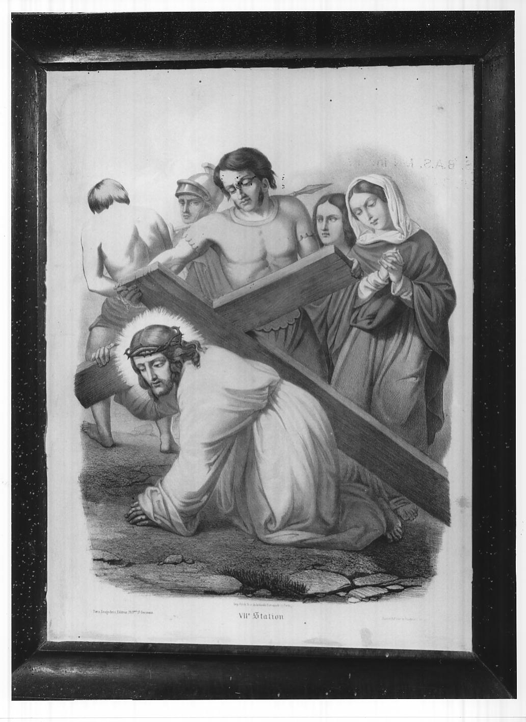 stazione VII: Gesù cade sotto la croce la seconda volta (stampa colorata a mano smarginata) di Frick Johann Friedrich (secc. XVIII/ XIX)