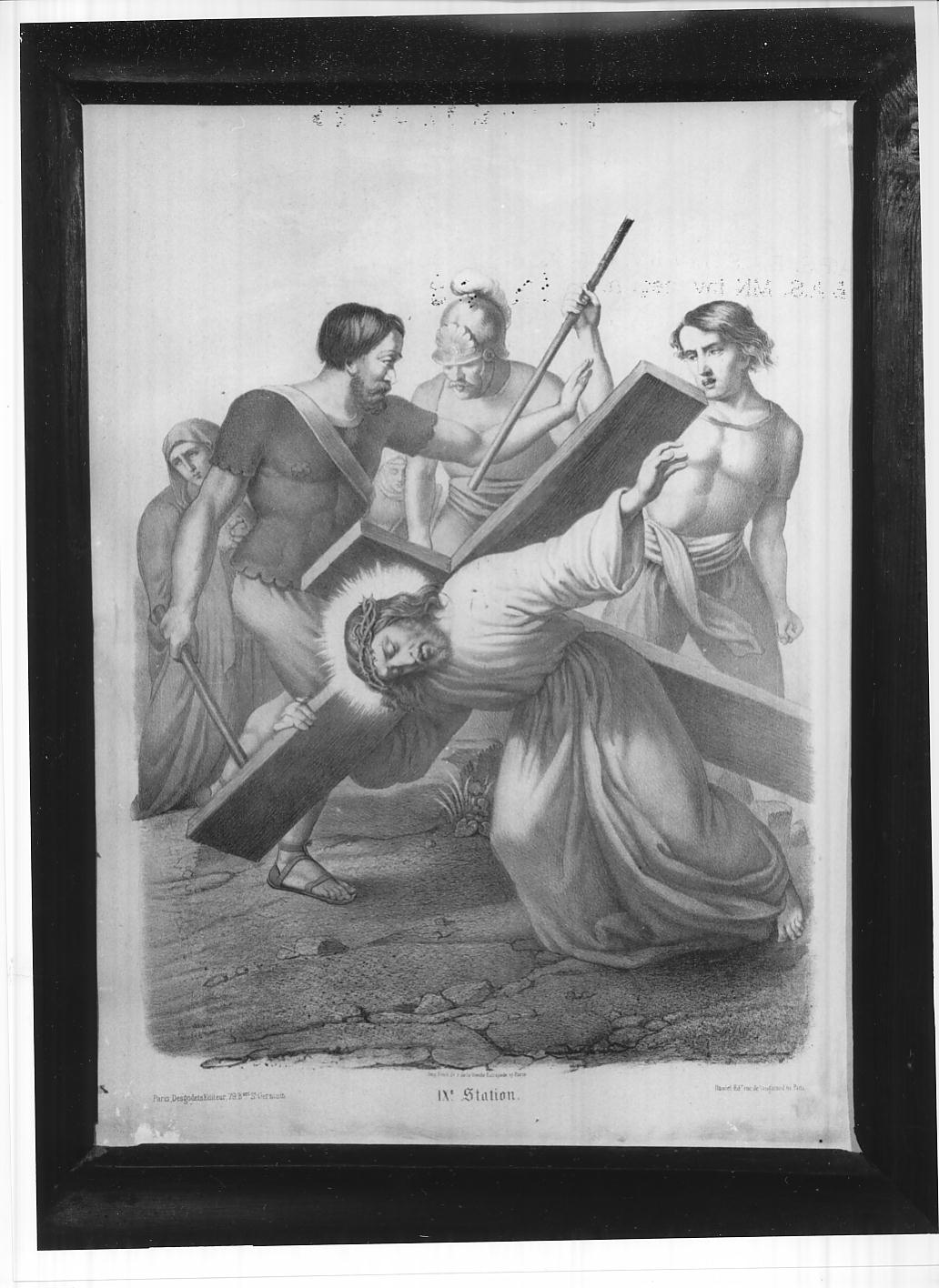 stazione IX: Gesù cade sotto la croce la terza volta (stampa colorata a mano smarginata) di Frick Johann Friedrich (secc. XVIII/ XIX)