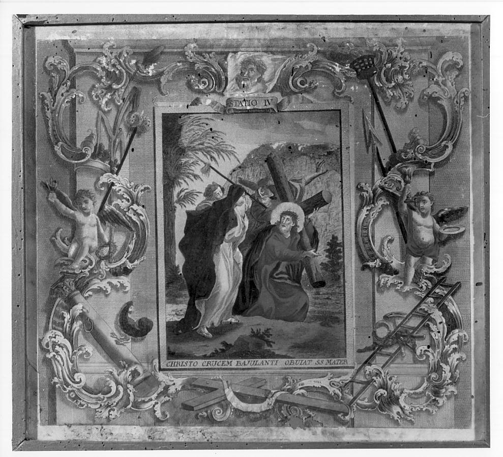 stazione IV: Gesù incontra la Madonna (stampa colorata a mano, elemento d'insieme) - ambito italiano (prima metà sec. XVIII)