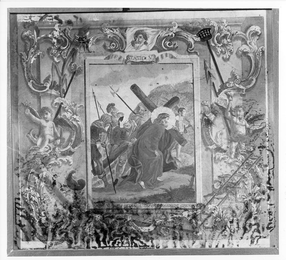 stazione V: Gesù aiutato dal Cireneo a portare la croce (stampa colorata a mano, elemento d'insieme) - ambito italiano (prima metà sec. XVIII)
