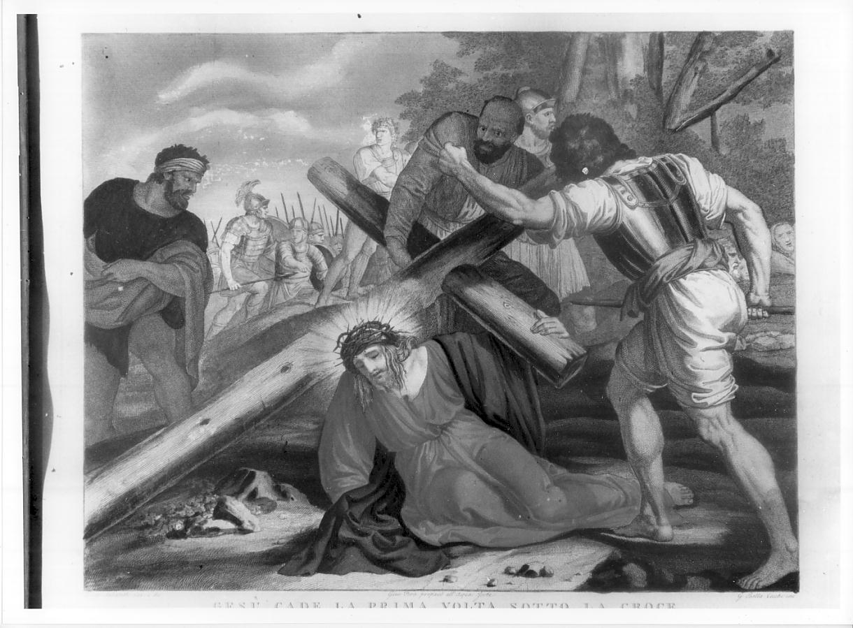stazione III: Gesù cade sotto la croce la prima volta (stampa a colori, elemento d'insieme) di Sabatelli Luigi, Pera Giuseppe, Cecchi Giovanni Battista (sec. XIX)