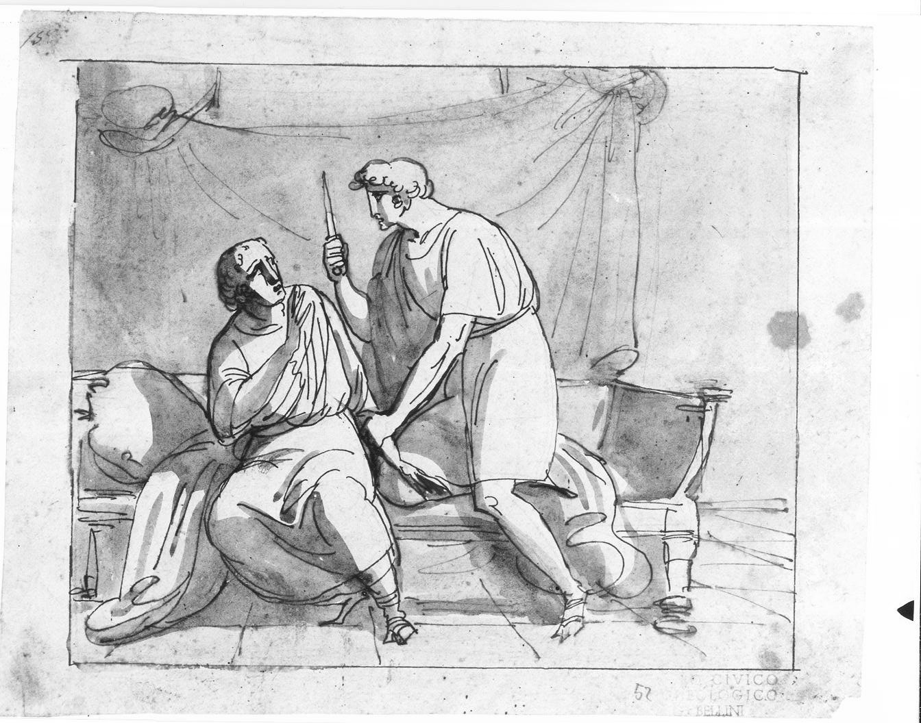 Muzio Scevola si avventa su colui che crede Porsenna (disegno, opera isolata) di Kock Michael (metà sec. XIX)