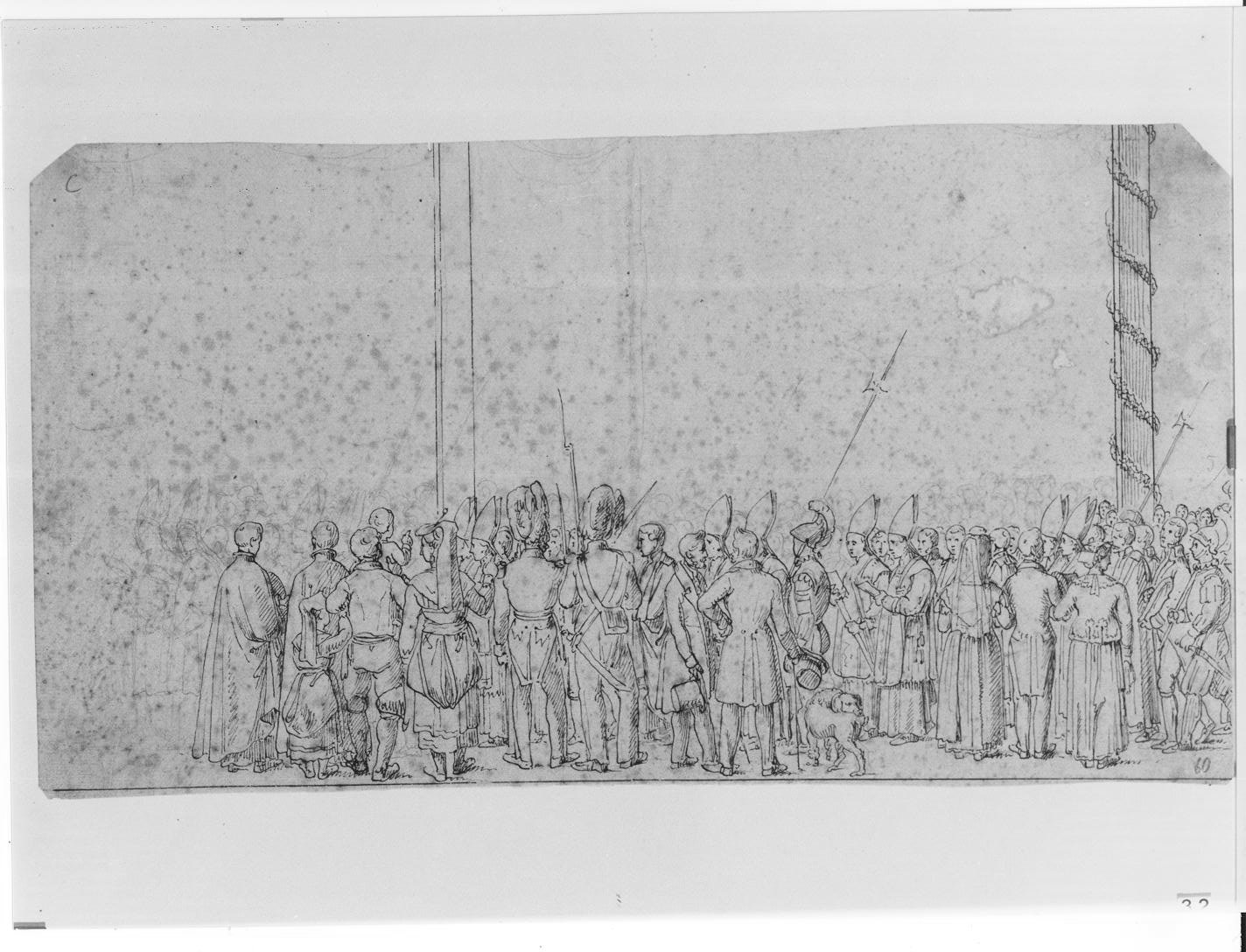 processione con prelati mitrati, guardie e colonna fiorata; duefigurefemminili in abito tradizionale romano con uomo e bambineinginocchiati (disegno, opera isolata) di Impaccianti Luigi (primo quarto sec. XIX)