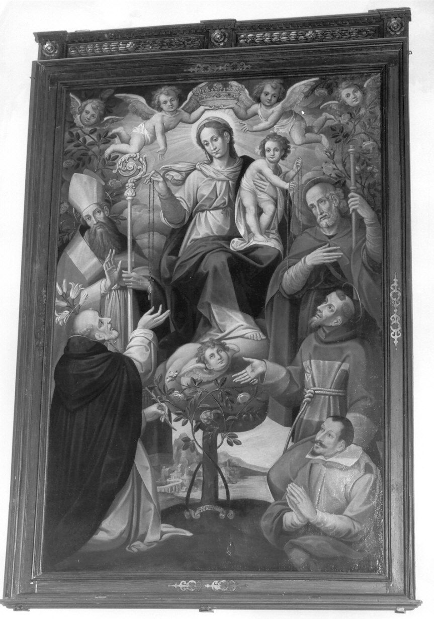 Madona del Rosario con San Domenico, San Francesco d'Assisi, San Giuseppe, Sant'Abbondio e donatore (dipinto, opera isolata) - ambito lombardo (sec. XVII)