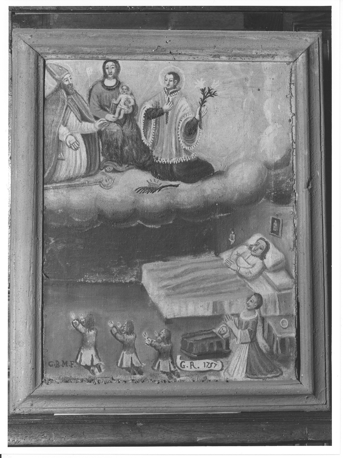La famiglia implora San Gottardo, la Vergine e San Luigi Gonzaga per la guarigione del padre (ex voto, opera isolata) - ambito lombardo (sec. XVIII)