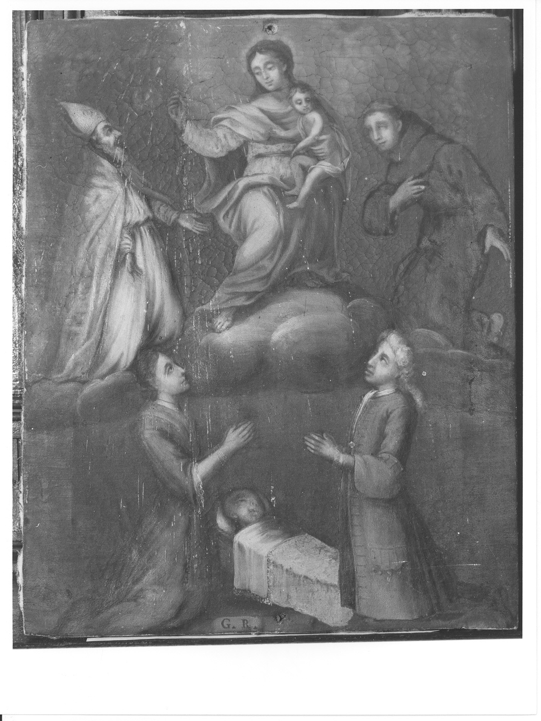 Madonna, San Francesco e San Gottardo assistono una famiglia che li invoca (ex voto, opera isolata) - ambito lombardo (sec. XVIII)