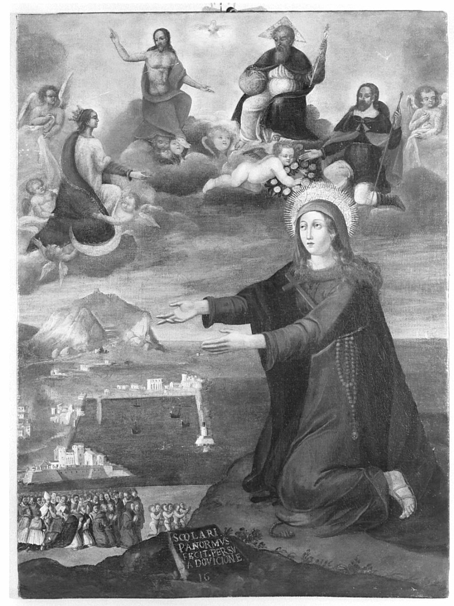 Santa Rosalia intercede per gli scolari di Palermo presso la Trinità tramite San Rocco e la Madonna Immacolata (dipinto, opera isolata) - ambito lombardo (sec. XVII)
