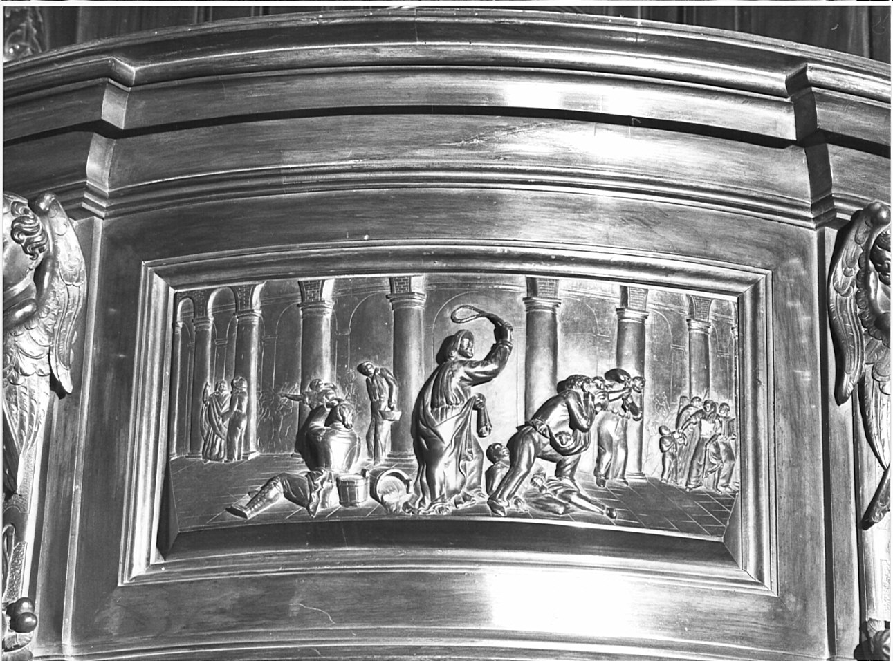 Cristo caccia i mercanti dal tempio (rilievo, elemento d'insieme) di Maciachini Carlo (attribuito), Bossi Angelo (attribuito) (sec. XIX)
