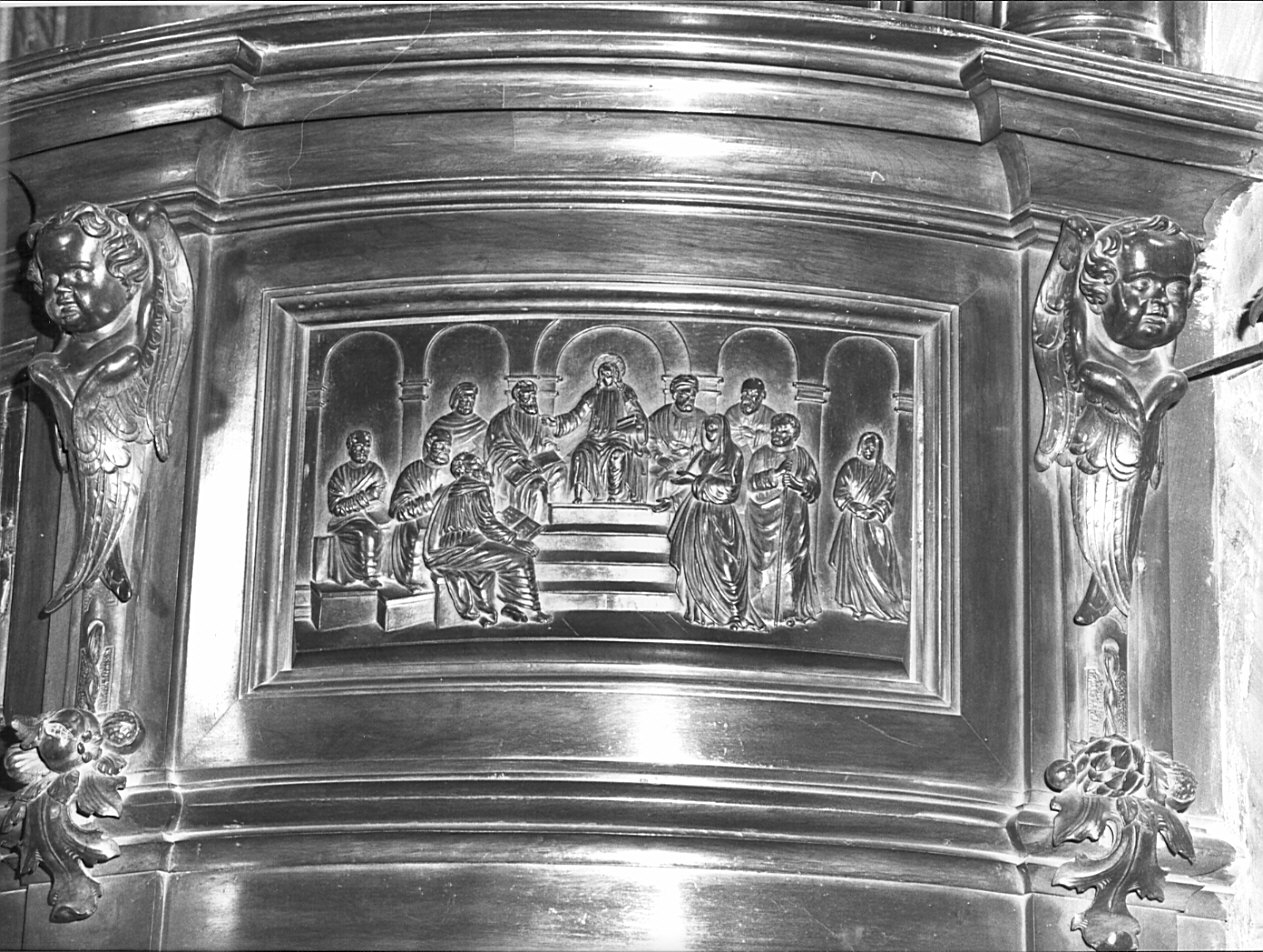disputa di Gesù con i dottori nel tempio (rilievo, elemento d'insieme) di Maciachini Carlo (attribuito), Bossi Angelo (attribuito) (sec. XIX)