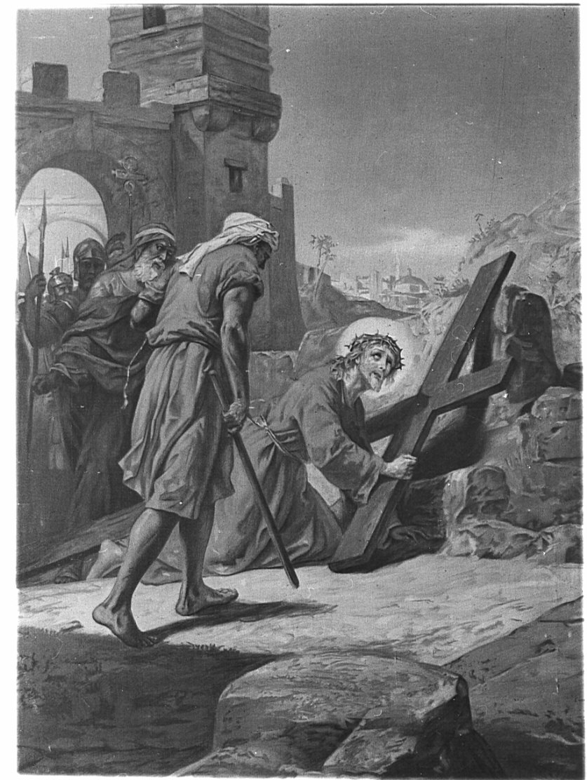 stazione III: Gesù cade sotto la croce la prima volta (Via Crucis, elemento d'insieme) di Morgari Luigi (attribuito) (sec. XIX)
