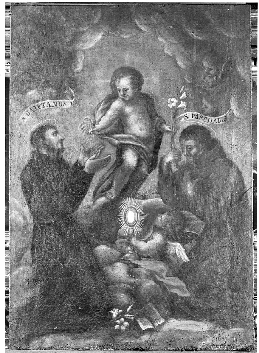 Gesù Bambino con i santi Gaetano da Thiene e Pasquale Baylon (dipinto, opera isolata) - ambito lombardo (sec. XVIII)