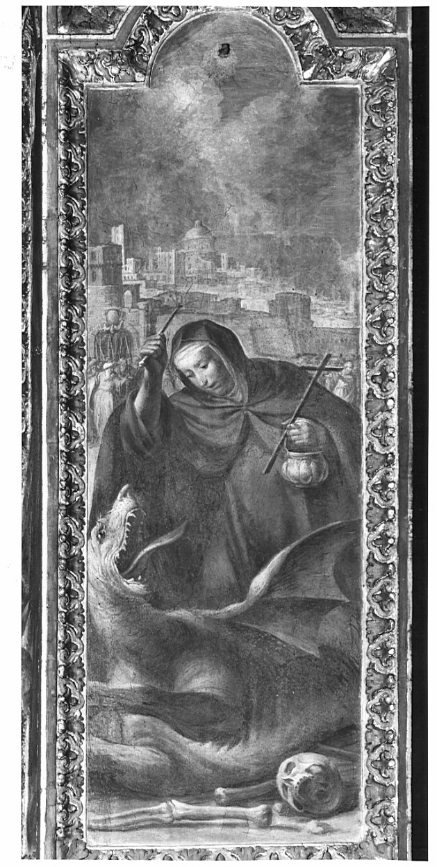 Santa Marta sconfigge il drago di Tarascona aspergendolo con l'acqua Santa (dipinto, elemento d'insieme) di Del Sole Pietro (attribuito) (sec. XVII)