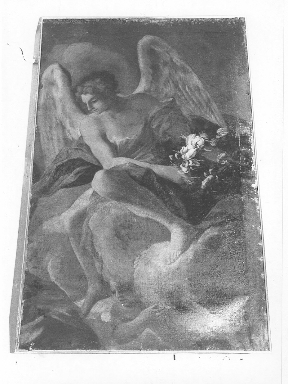 angelo con corona di fiori (dipinto, frammento) - ambito pavese (secc. XVII/ XVIII)