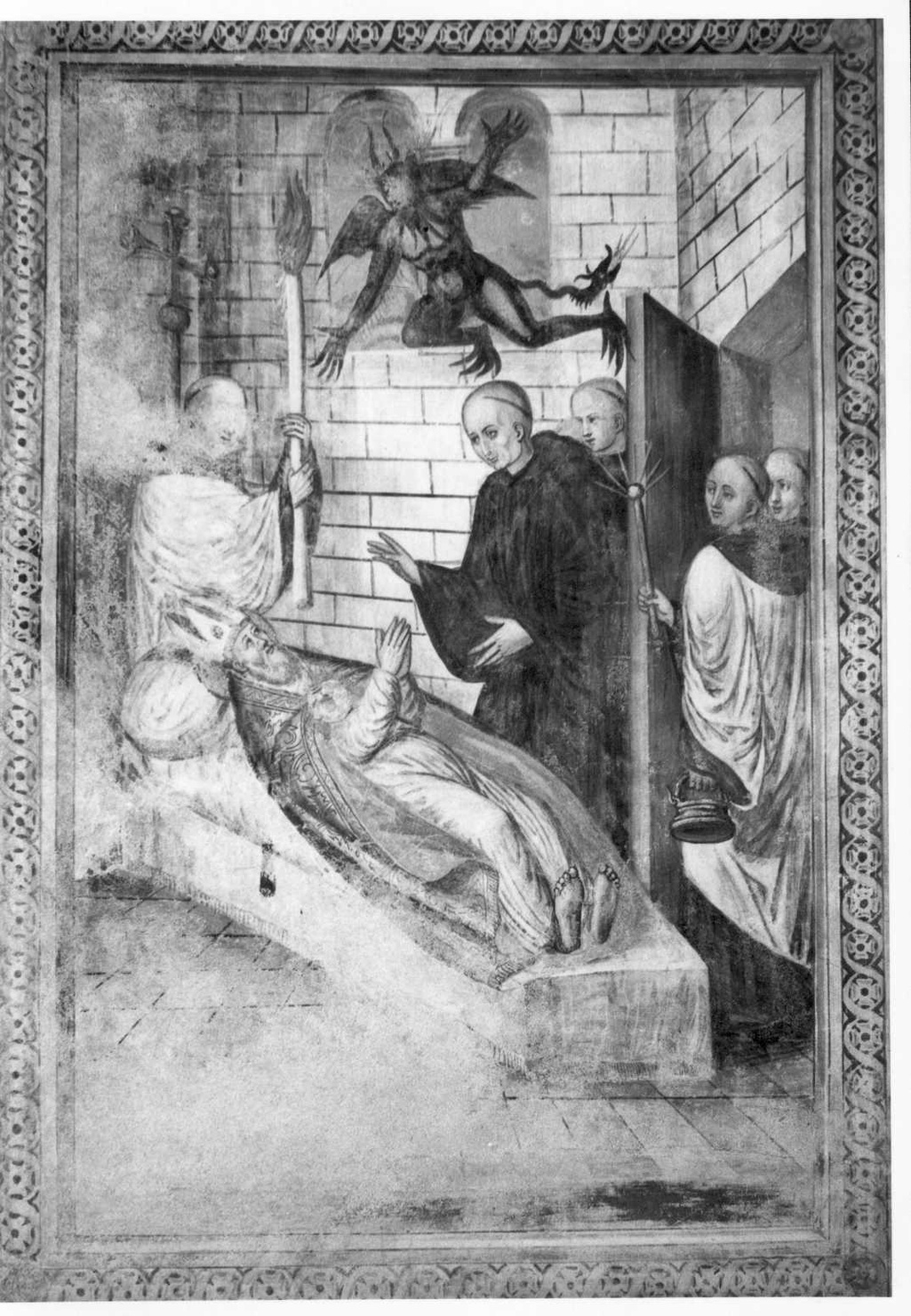 San Martino morente caccia il demonio (dipinto, elemento d'insieme) - ambito pavese (prima metà sec. XVI)